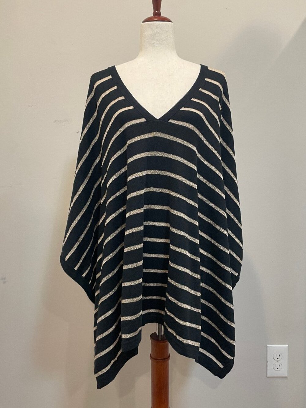 WHITE + WARREN Black and Beige/Metallic Striped Shawl